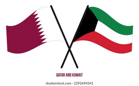 Qatar and Kuwait Flags Crossed And Waving Flat Style. Official Proportion. Correct Colors.