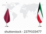  Qatar and Kuwait flags for official meeting against background of world map.