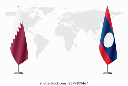  Qatar and Laos flags for official meeting against background of world map.