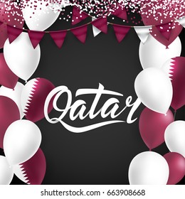 Qatar Lettering. With national flag colors Ballons and Bantings, with Confetti