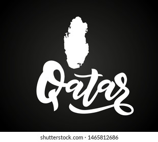 Qatar lettering on black background with silhouette of map. Modern calligraphy phrase on white. Typography Vector illustration. Print, logo, badge, icon, card, sticker poster invitation banner templat