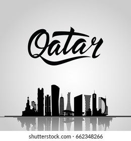 Qatar Lettering. With Silhouette of the City, Modern Architectural Buildings. Doha city