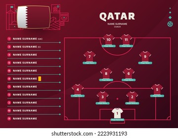 ilustración vectorial de la etapa final del torneo mundial de fútbol 22 de qatar. Tabla de alineación de equipos en el país y Formación de equipos en campo de fútbol. torneo de fútbol Banderas del país vectorial.