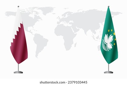  Qatar and Macau flags for official meeting against background of world map.