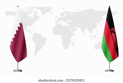  Qatar and Malawi flags for official meeting against background of world map.