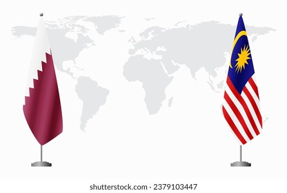  Qatar and Malaysia flags for official meeting against background of world map.