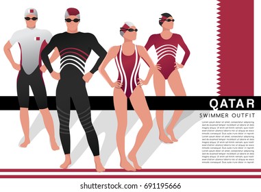 Qatar : Male and Female Swimmers : Swimmers in National Swimsuits : Vector Illustration