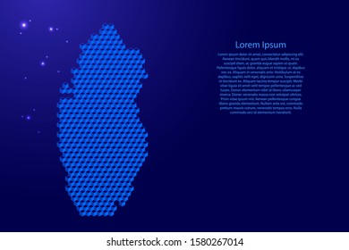 Qatar map from 3D blue cubes isometric abstract concept, square pattern, angular geometric shape, glowing stars. Vector illustration.