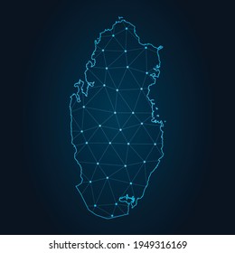 qatar Map Abstract mash line and point scales on dark background. Wire Frame 3D mesh polygonal network line.