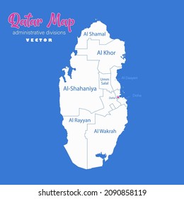 Qatar map, administrative divisions whit names regions, blue background vector