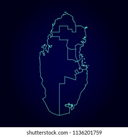 Qatar map: blue glitter outline with sparkling stars on dark background. Detailed map of Qatar. Vector illustration.