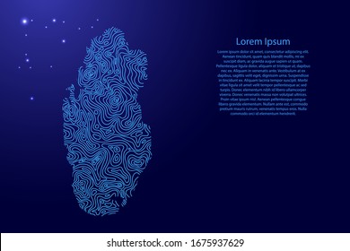 Qatar map from blue isolines or level line geographic topographic map grid and glowing space stars. Vector illustration.