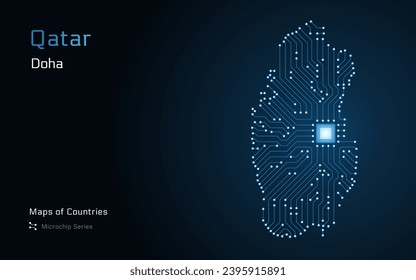 Qatar Map with a capital of Doha Shown in a Microchip Pattern with processor. E-government. World Countries vector maps. Microchip Series