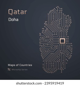 Mapa de Qatar con la capital de Doha mostrado en un patrón de microchip con procesador. Gobierno electrónico. Mapas vectoriales de países del mundo. Serie de microchips. Composición cuadrada