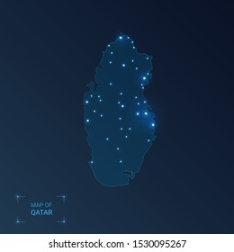 Qatar map with cities. Luminous dots - neon lights on dark background. Vector illustration.