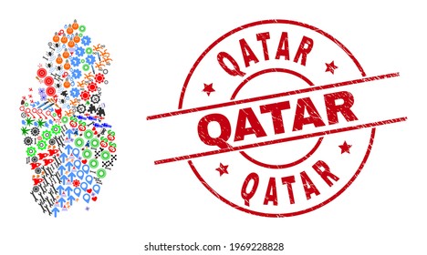 Qatar map collage and distress Qatar red round badge. Qatar badge uses vector lines and arcs. Qatar map collage includes gears, houses, showers, suns, men, and more pictograms.