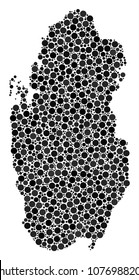 Qatar Map collage of filled circles in various sizes. Randomized round blots are arranged into Qatar Map mosaic. Vector geography map vector illustration.