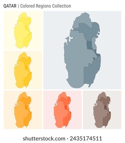 Colección de mapas de Qatar. Forma de país con regiones de color. Gris azul, amarillo, ámbar, naranja, naranja profundo, marrón paletas de color. Frontera de Qatar con las provincias para su infografía. Ilustración vectorial.
