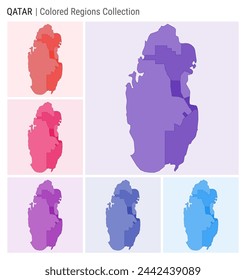 Qatar map collection. Country shape with colored regions. Deep Purple, Red, Pink, Purple, Indigo, Blue color palettes. Border of Qatar with provinces for your infographic. Vector illustration.