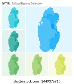 Qatar map collection. Country shape with colored regions. Light blue, cyan, teal, green, light green, lime color palettes. Border of Qatar with provinces for your infographic. Vector illustration.