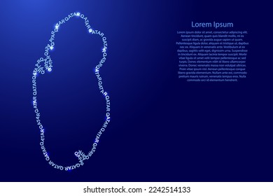 Qatar map country along contour of recurring english blue words name of state and glowing space stars 