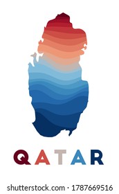 Qatar map. Map of the country with beautiful geometric waves in red blue colors. Vivid Qatar shape. Vector illustration.