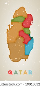 Qatar map. Country poster with colored regions. Old grunge texture. Vector illustration of Qatar with country name.