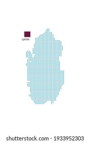 Mapa de Qatar diseñado círculo azul, fondo blanco con bandera de Qatar.