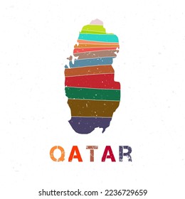 Qatar map design. Shape of the country with beautiful geometric waves and grunge texture. Authentic vector illustration.