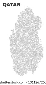 Qatar map designed with tiny dots. Vector abstraction in black color is isolated on a white background. Scattered tiny elements are organized into Qatar map.