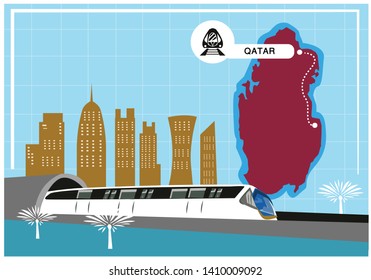 Qatar Map With Famous Landmarks And Metro Train Rail Commuter Service. Editable Clip Art.