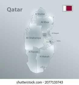 Qatar map and flag, administrative division, separates regions and names, design glass card 3D vector