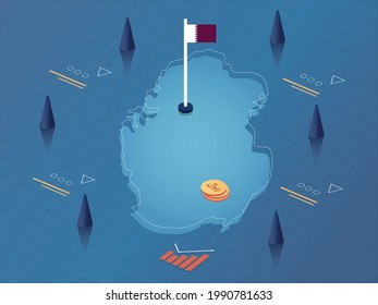 Qatar Map, Flag and Currency Modern Isometric Business and Economy Vector Illustration Design