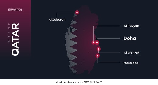 Qatar Map With Flag Info Graphic. Abstract Vector Map Of Qatar With Capital And Major Cities. Dots Composition Map On Dark Background.
