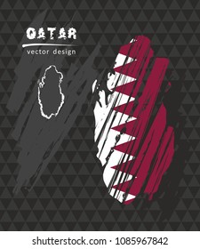 Qatar map with flag inside on the black background. Chalk sketch vector illustration