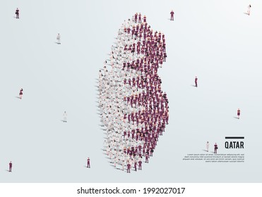 Qatar Map and Flag. A large group of people in the Qatari flag color form to create the map. Vector Illustration.