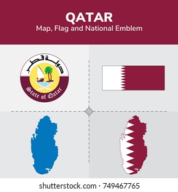 Qatar  Map, Flag and National Emblem 