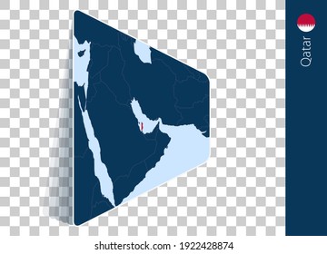 Qatar map and flag on transparent background. Highlighted Qatar on blue vector map.