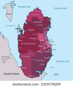 Qatar map, flat vector with high details. Qatar administrative map with international border, eight municipalities, municipality capitals, national capital, major cities, towns, villages, islands etc.