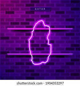 Qatar map glowing neon lamp sign. Realistic vector illustration. Country name plate. Purple brick wall, violet glow, metal holders.