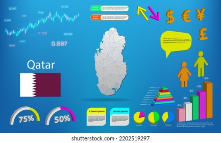 Qatar map info graphics - charts, symbols, elements and icons collection. Detailed Qatar map with High quality business infographic elements.