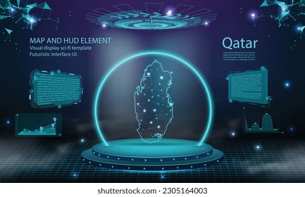 qatar map light connecting effect background. abstract digital technology UI, GUI, futuristic HUD Virtual Interface with qatar map. Stage futuristic podium in fog.