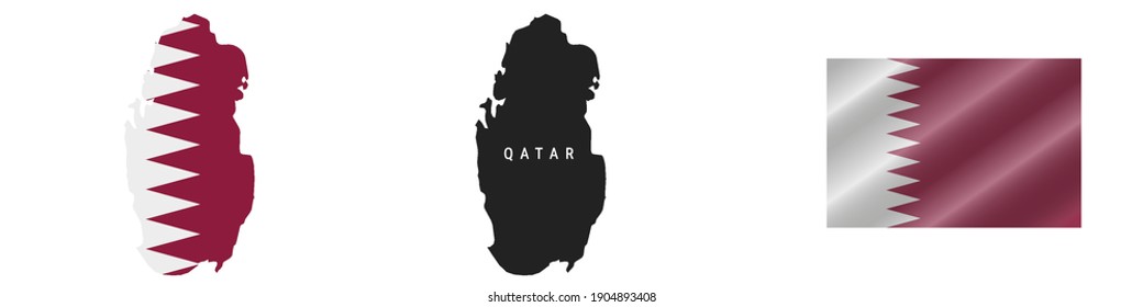 Qatar. Map with masked flag. Detailed silhouette. Waving flag. Vector illustration isolated on white.