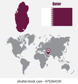 Qatar map on a world map with flag and map pointer. Vector illustration