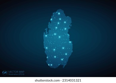 Qatar map radial dotted pattern in futuristic style, design blue circle glowing outline made of stars. concept of communication on dark blue background. Vector EPS10