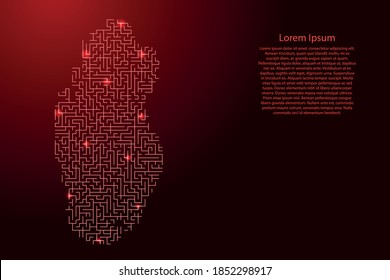 Qatar map from red pattern of the maze grid and glowing space stars grid. Vector illustration.