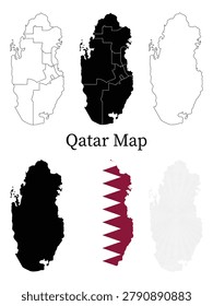 Qatar Map Set Collection with Outline, Silhouette, Border and Flag Map Vector Illustration