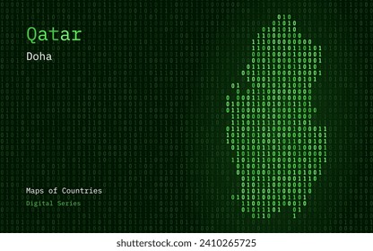 Mapa de Qatar mostrado en el patrón de código binario. TSMC. Números de la matriz verde, cero, uno. Mapas de vectores de países mundiales. Serie digital