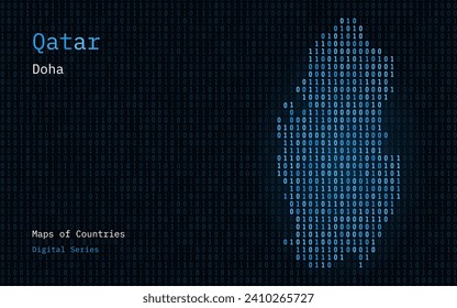 Katar-Karte im Binärkode-Muster angezeigt. TSMC. Blue Matrix Nummern, Null, eins. Vektorkarten von World Countries. Digitale Serie