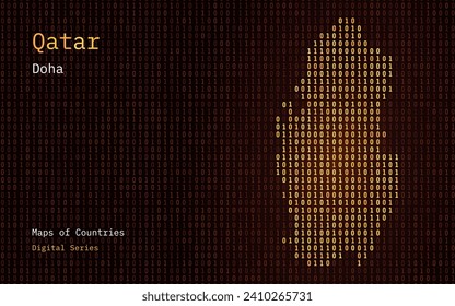 Katar-Karte im Binärkode-Muster angezeigt. TSMC. Gold-Matrix-Nummern, Null, eins. Vektorkarten von World Countries. Digitale Serie